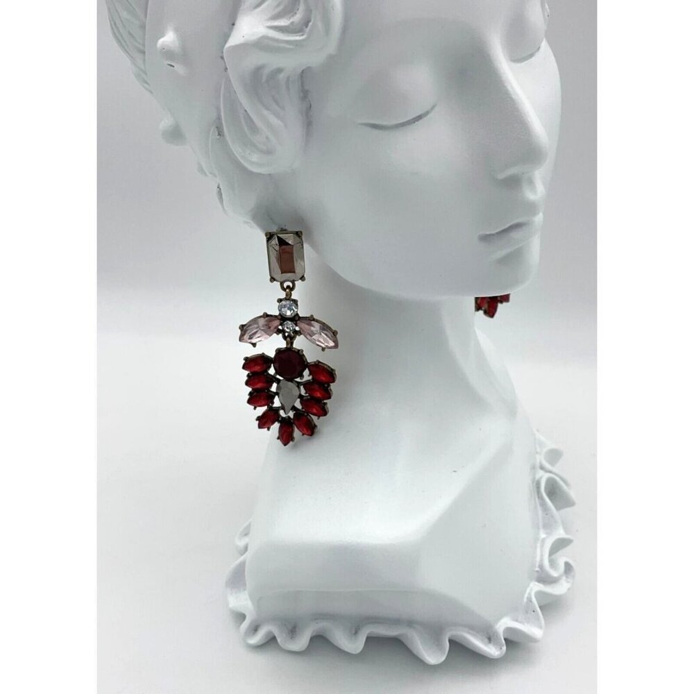 3in Statement Drop Dangle Earrings Red & Pink Gemstones Wedding Formal Party - Picture 5 of 5